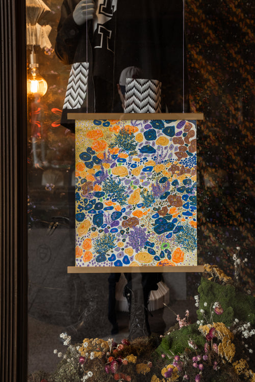 "Dessert Floral Meadow" abstract painting by Pollen Price (@BostonPollen) hanging in the Harvard Coop window display of "For Love of Nature and Literature"