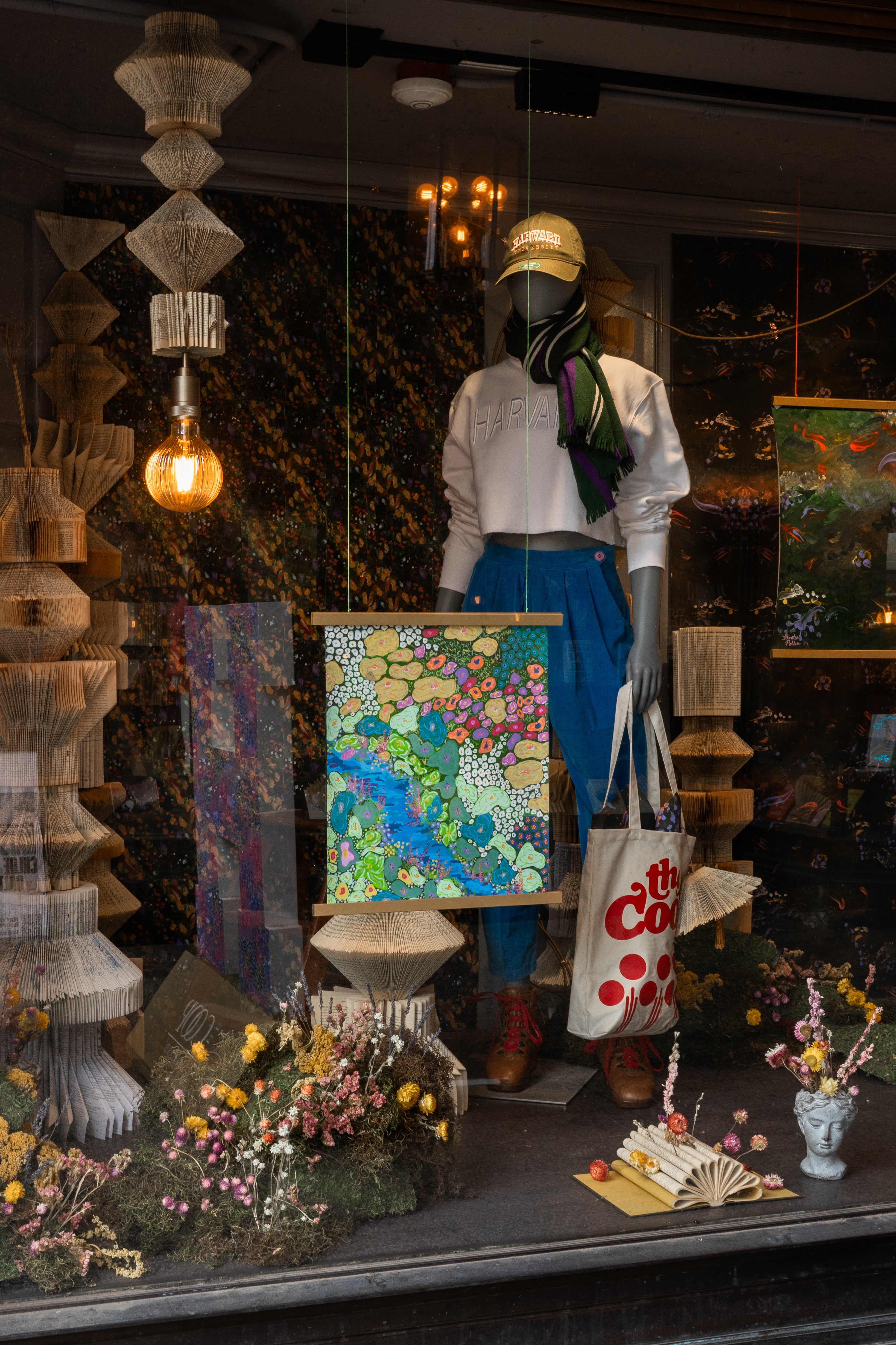 "Groovy Floral Meadow" abstract painting by Pollen Price (@BostonPollen) hanging in the Harvard Coop window display of "For Love of Nature and Literature"