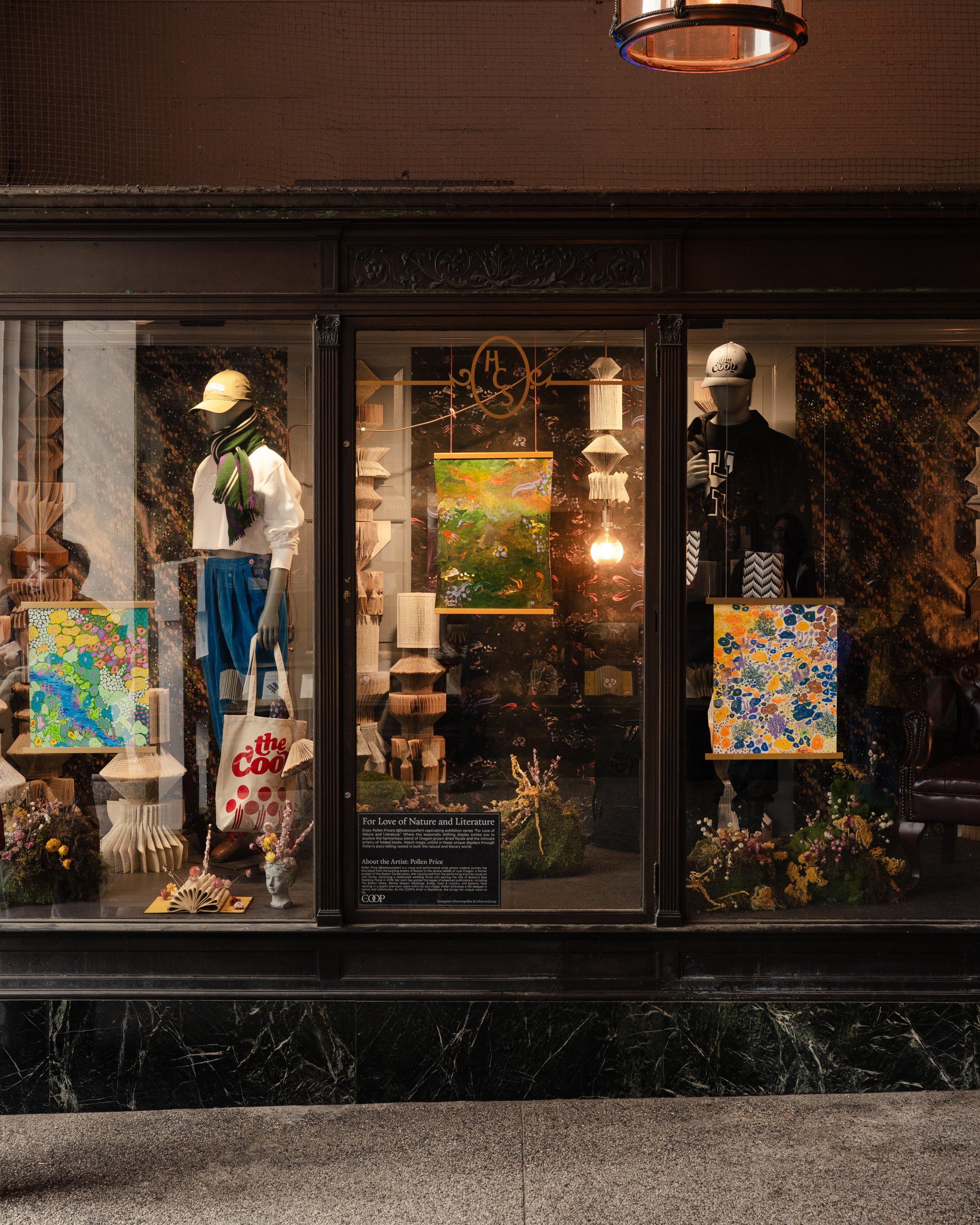 "Koi About it" abstract painting by Pollen Price (@BostonPollen) hanging in the Harvard Coop window display of "For Love of Nature and Literature"