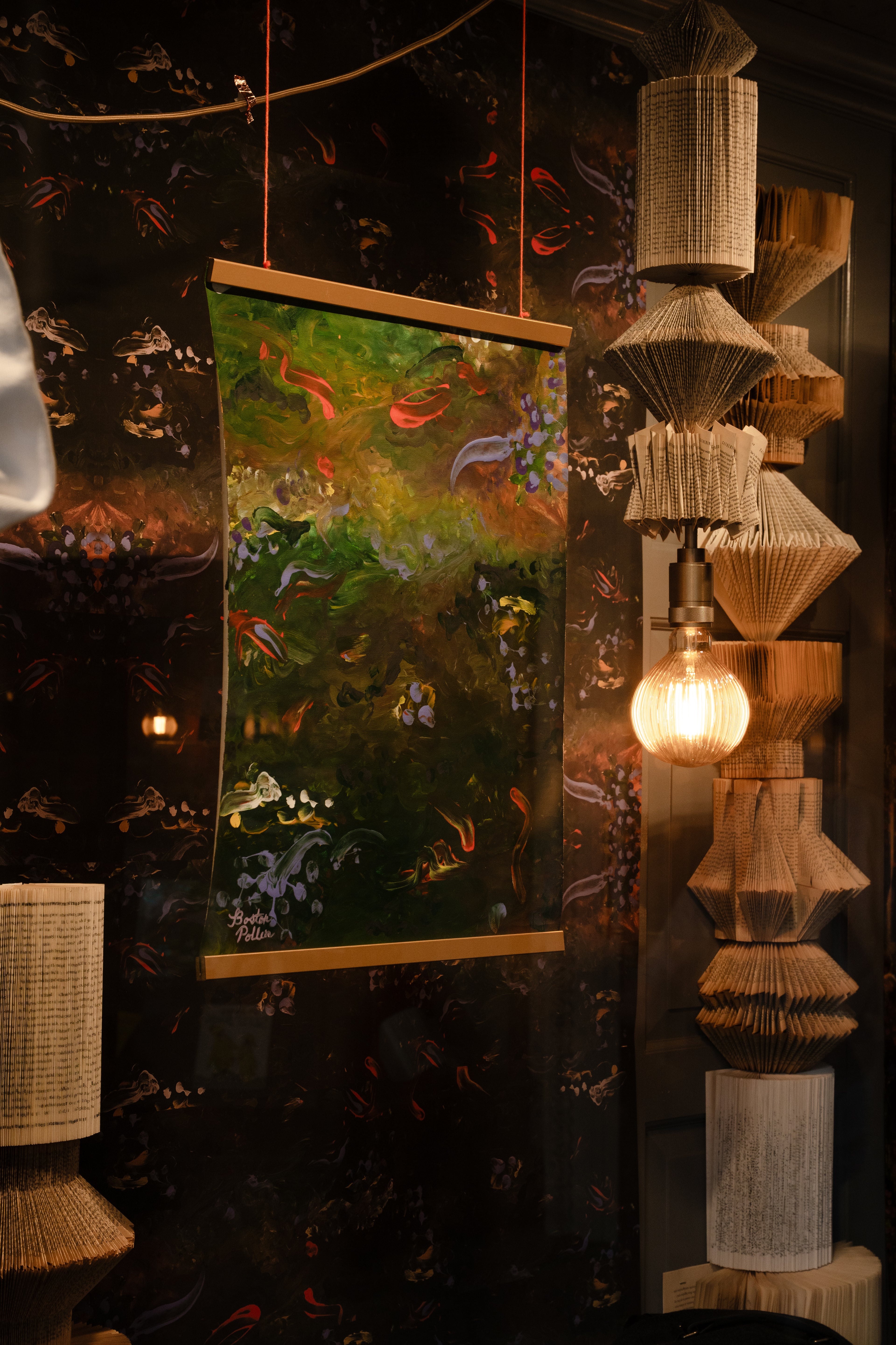 "Koi About it" abstract painting by Pollen Price (@BostonPollen) hanging in the Harvard Coop window display of "For Love of Nature and Literature"