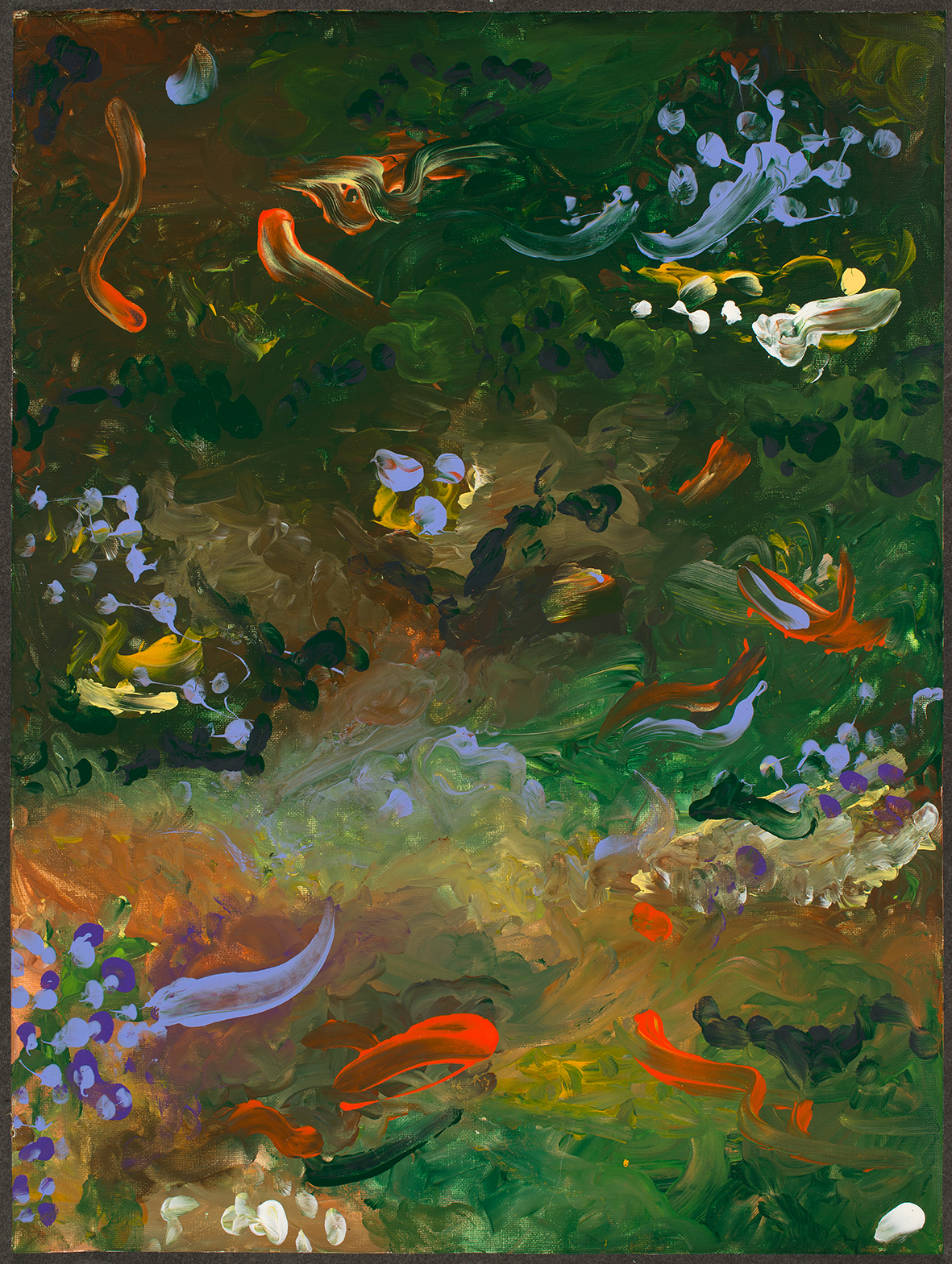 Acrylic painting of an abstract underwater scene with koi fish and plants