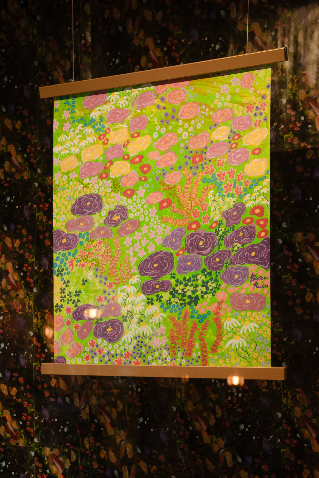 "Neon FLoral Meadow" abstract painting by Pollen Price (@BostonPollen) hanging in the Harvard Coop window display of "For Love of Nature and Literature"