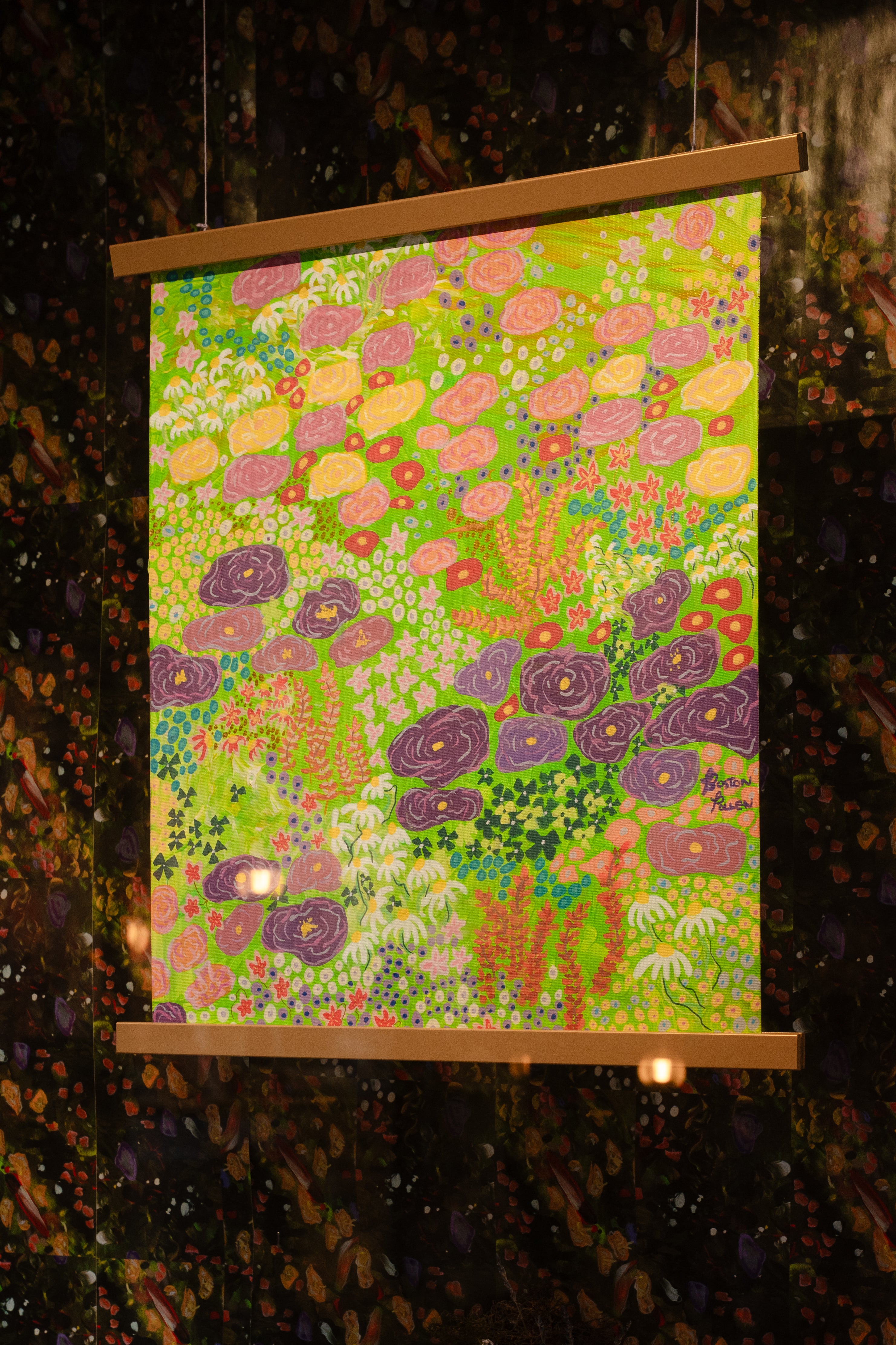 "Neon FLoral Meadow" abstract painting by Pollen Price (@BostonPollen) hanging in the Harvard Coop window display of "For Love of Nature and Literature"